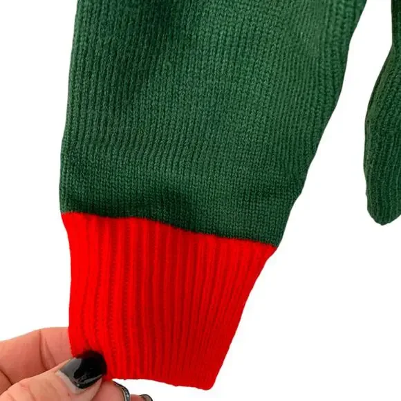 Pink Reindeer Sz L Green Knit Sweater Red Collar & Cuffs XMAS Sweater - Picture 6 of 8